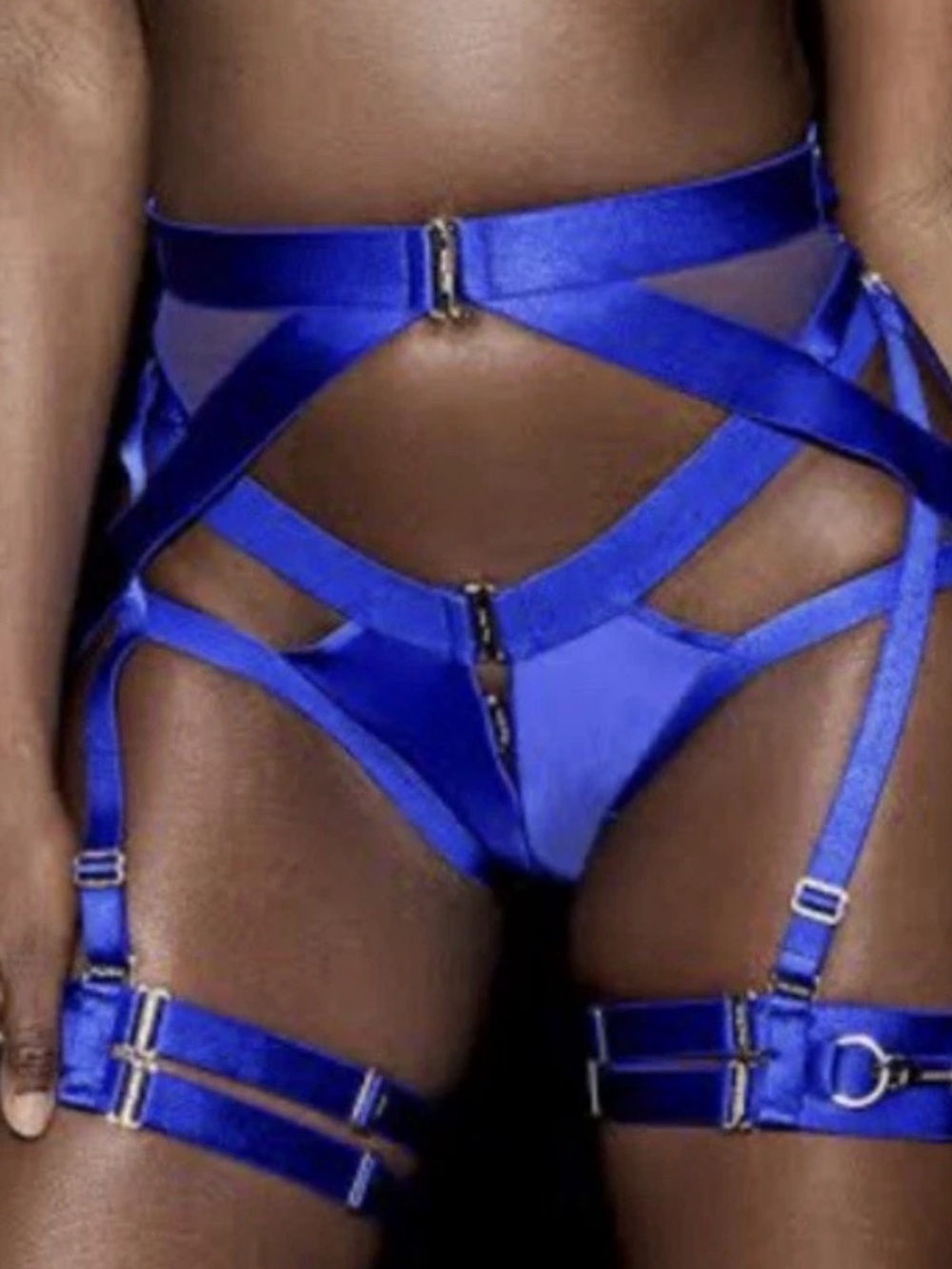 NWT Honey Birdette Kukuro Set Suspenders Thong Thigh High XS/S Electric Blue K29